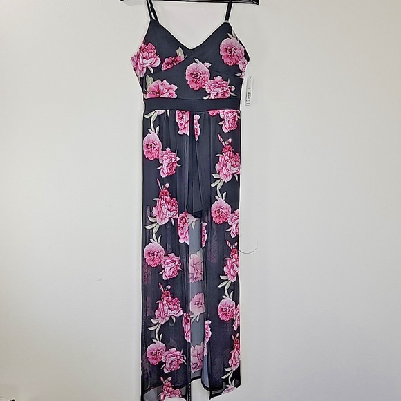 No Boundaries Floral Maxi Romper Sheer Overlay Dress Shorts L Adjustable Straps - Picture 4 of 12